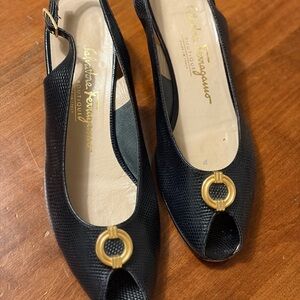 Salvatore Ferragamo Black Peep-Toe Slingbacks with Gold Round Hardware